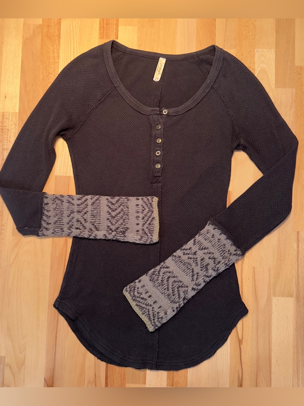 Free People Black Long-Sleeve Thermal Henley with Patterned Gray Cuffs